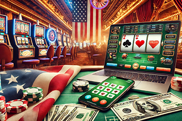 A laptop and a tablet standing on a table, displaying gambling platforms, surrounded by casino imagery and the American flag.