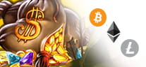 Personaggi dei giochi e i loghi di alcune delle principali criptovalute.
