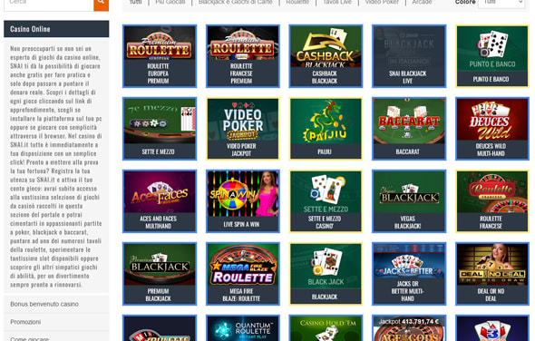 L'area giochi del sito web casinò SNAI.