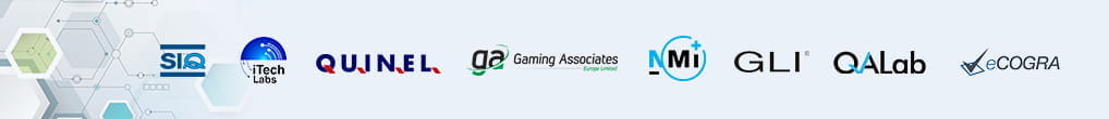 Logo's van goedgekeurde laboratoria die de eerlijkheid en willekeur van online roulette uitslagen controleren.