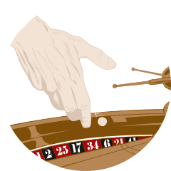 A dealers hand tossing a ball on to a roulette wheel.