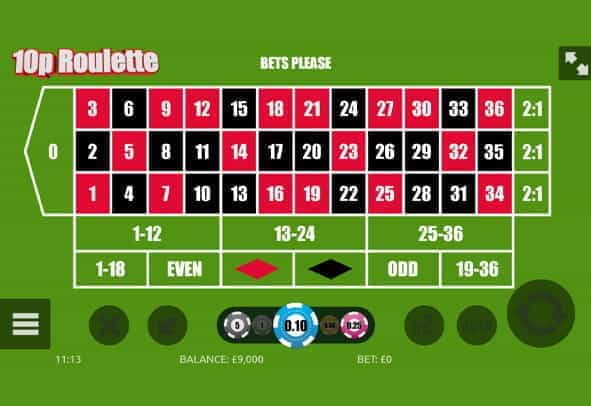 The roulette table in a demo game of 10p Roulette by Gamevy.