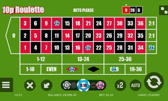 The wheel of the 10p Roulette online game.