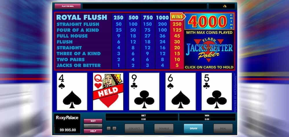 The paytable of the Microgaming Jacks or Better video poker game
