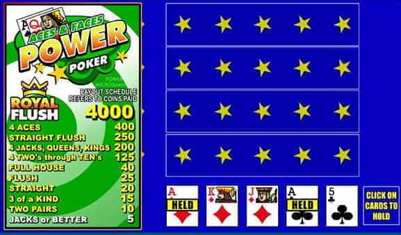 The simple layout of Microgaming’s Aces and Faces Power Poker video poker game.