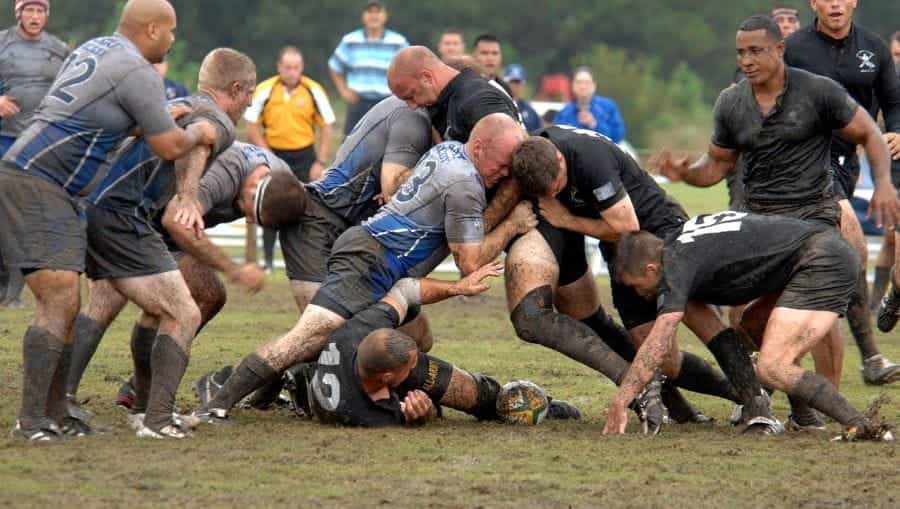 Rugby players in a scrum.