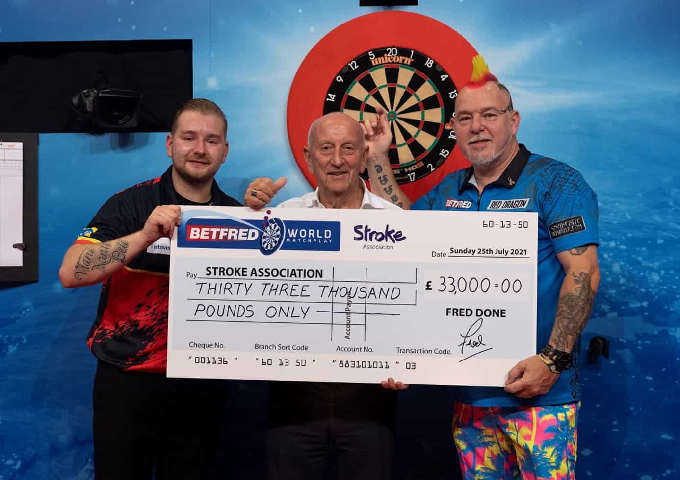 Dimitri Van den Bergh, Fred Done and Peter Wight holding a £33,000 charity check.
