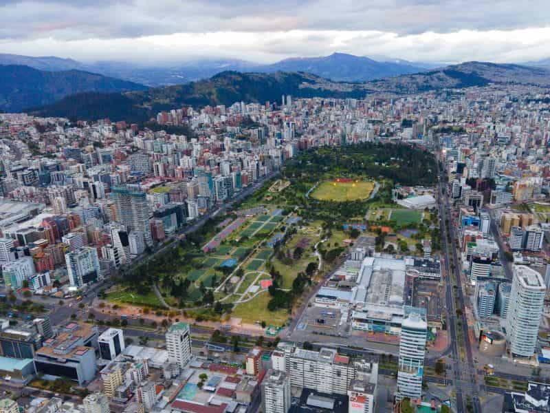 Buildings and a park in Quito, Ecuador.