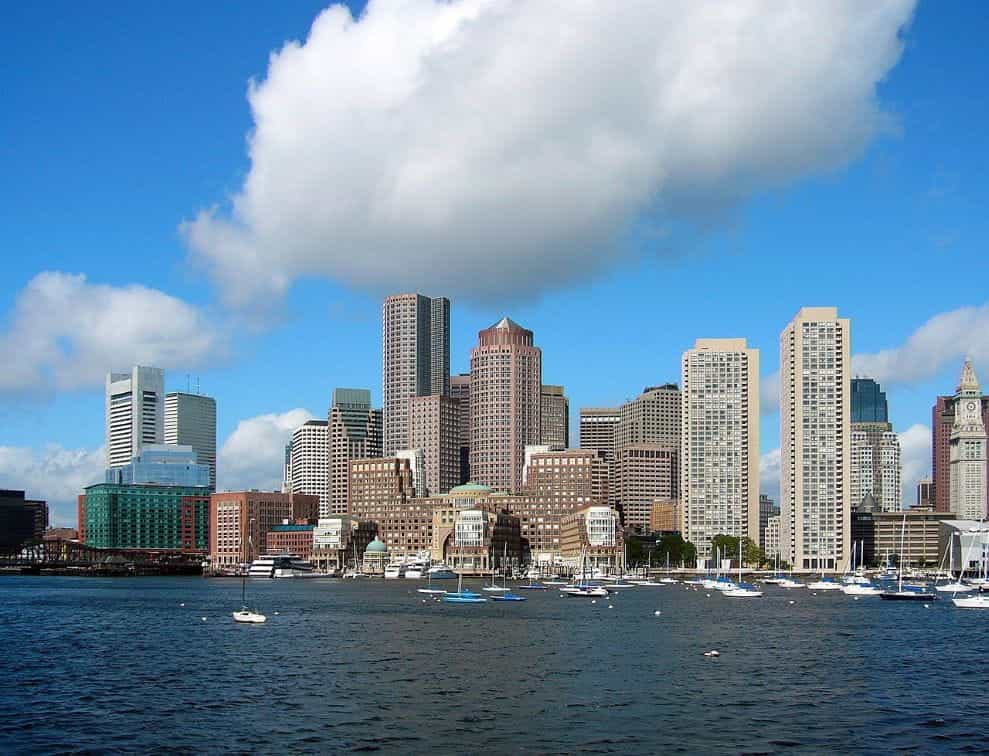 The skyline of downtown Boston from the city’s harbor.