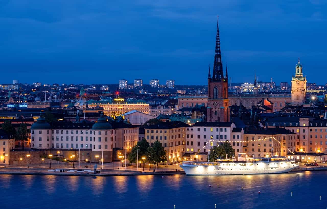 The Stockholm waterfront at night.