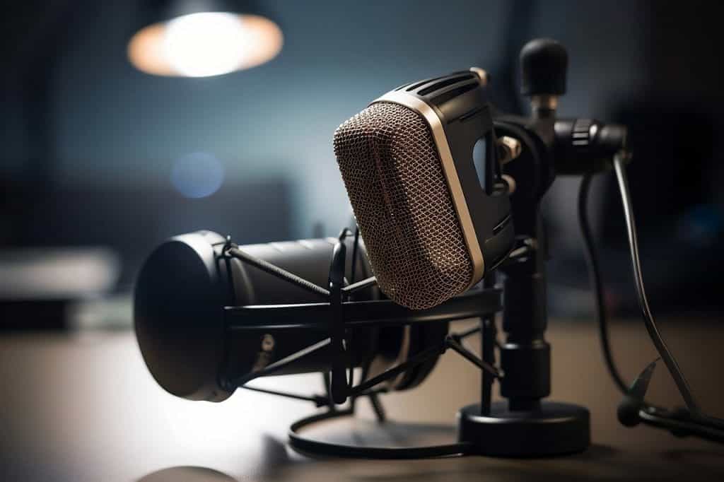 Two high-end microphones designed specifically for recording speaking vocals for a podcast placed on a table in a studio.