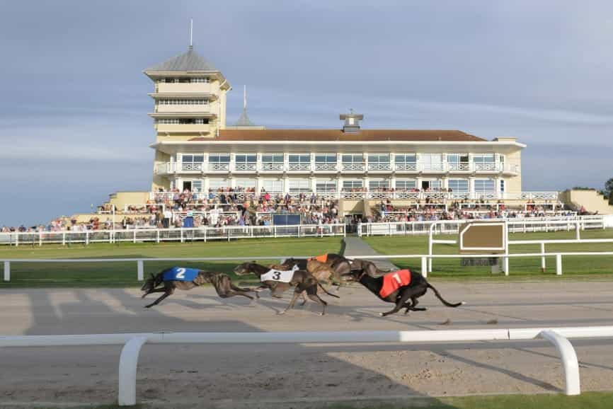Towcester’s impressive grandstand on a race night.