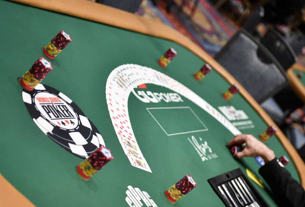 Cards, chips, and a table laid out and ready to roll ahead of a day’s action at the 2023 World Series of Poker.