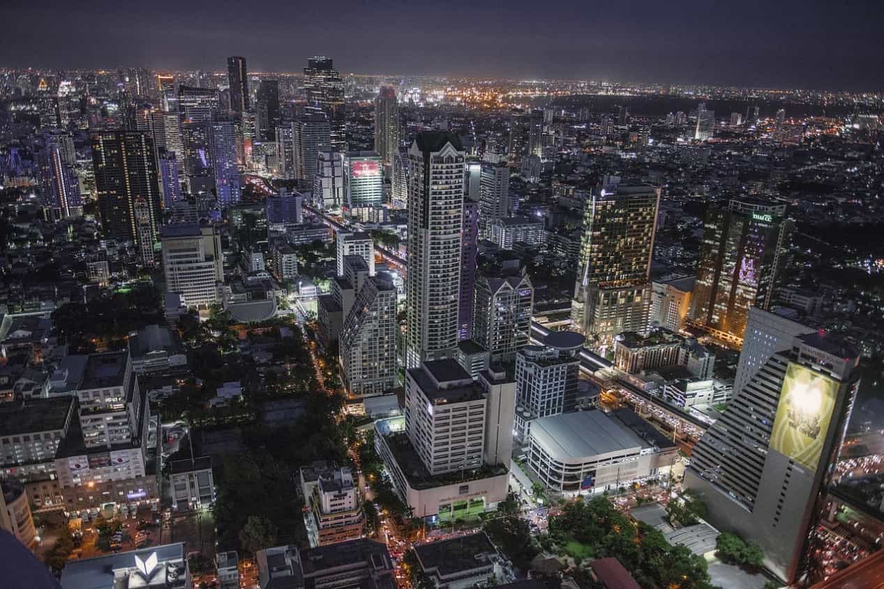Bangkok skyline at night.