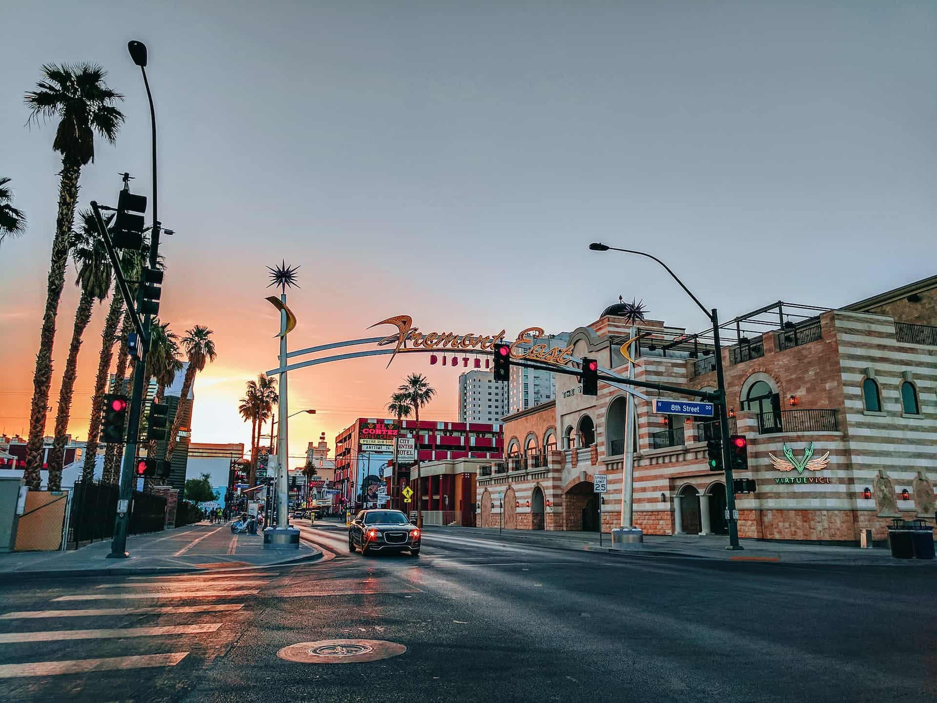 The entrance to a city district in central Las Vegas, Nevada during sunset.