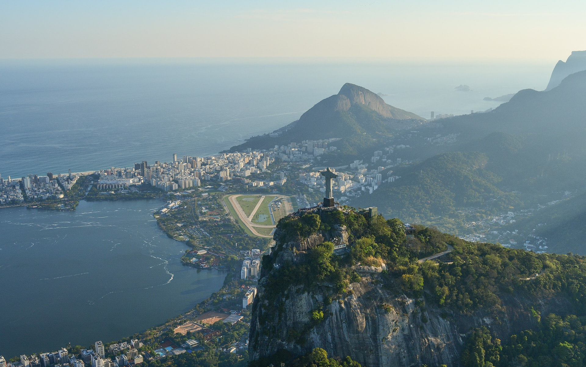 Aerial view of statue and coast in Brazil.
